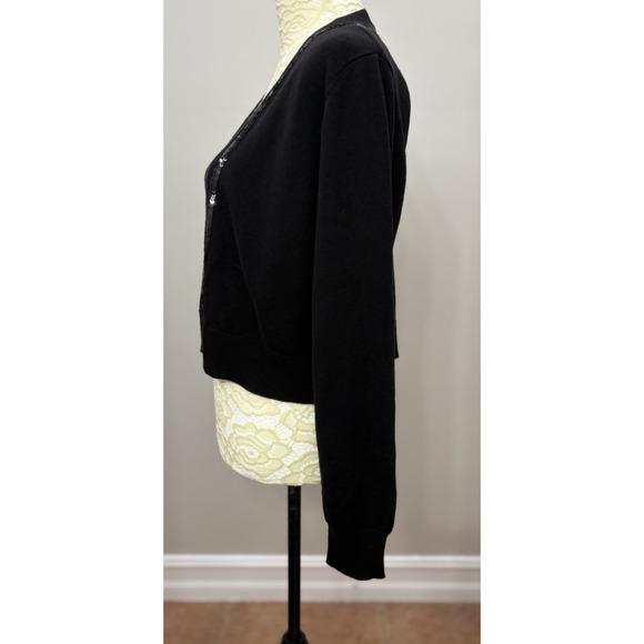 Jason Wu Large Black Cropped Open Front Sequin Cardigan Sweater Classic‎ NWT - Picture 2 of 13